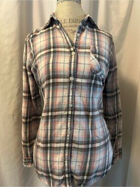 Roxy Plaid Button-Down Flannel Shirt in Pink, White, Gray